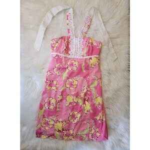 Lilly Pulitzer Isabel Hotty Pink Day Lily Sz 2 Lace Halter Beach Vacation Dress